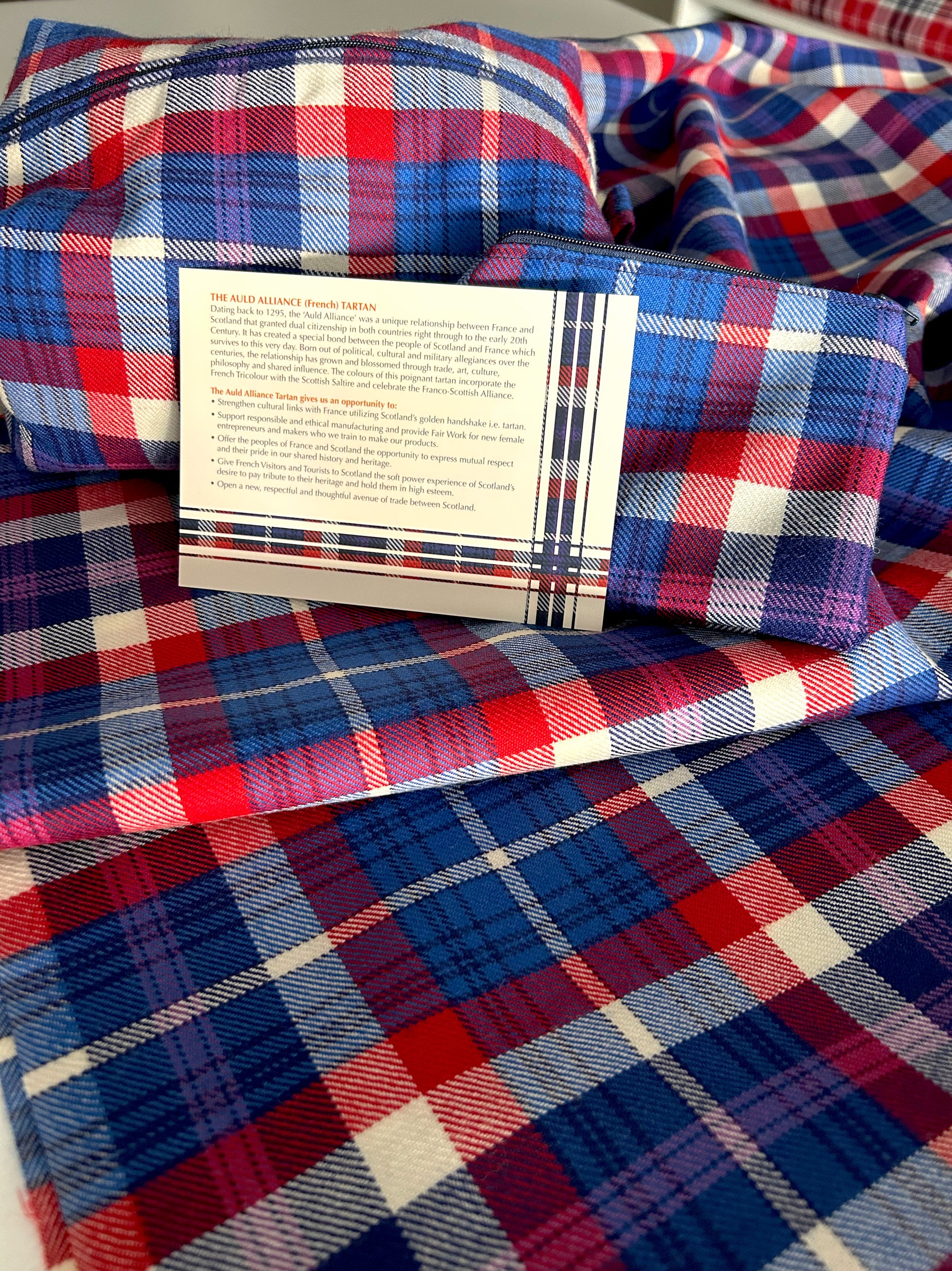 French tartan fabric, purse, bag and postcard