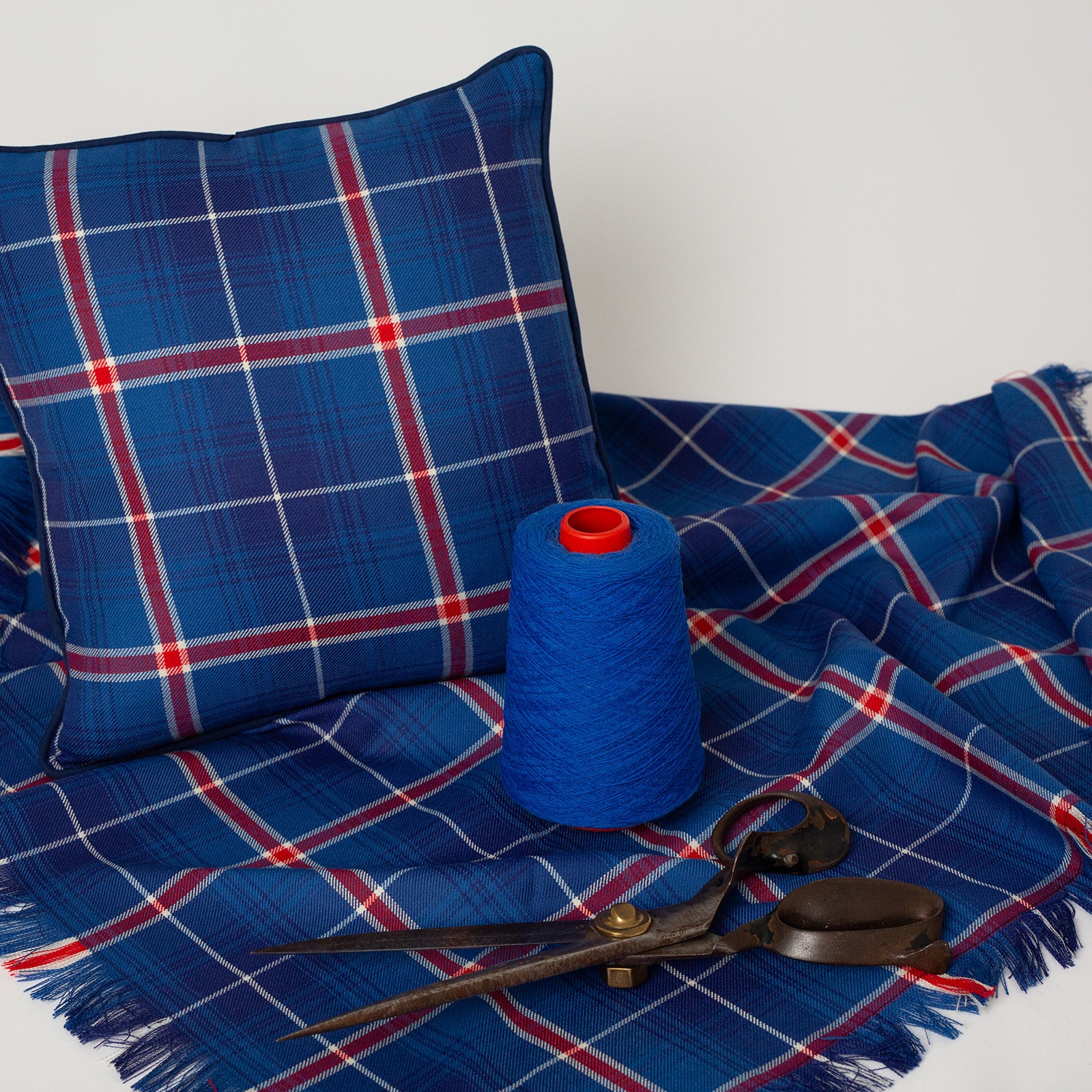 Icelandic tartan shawl, cushion and haberdashery