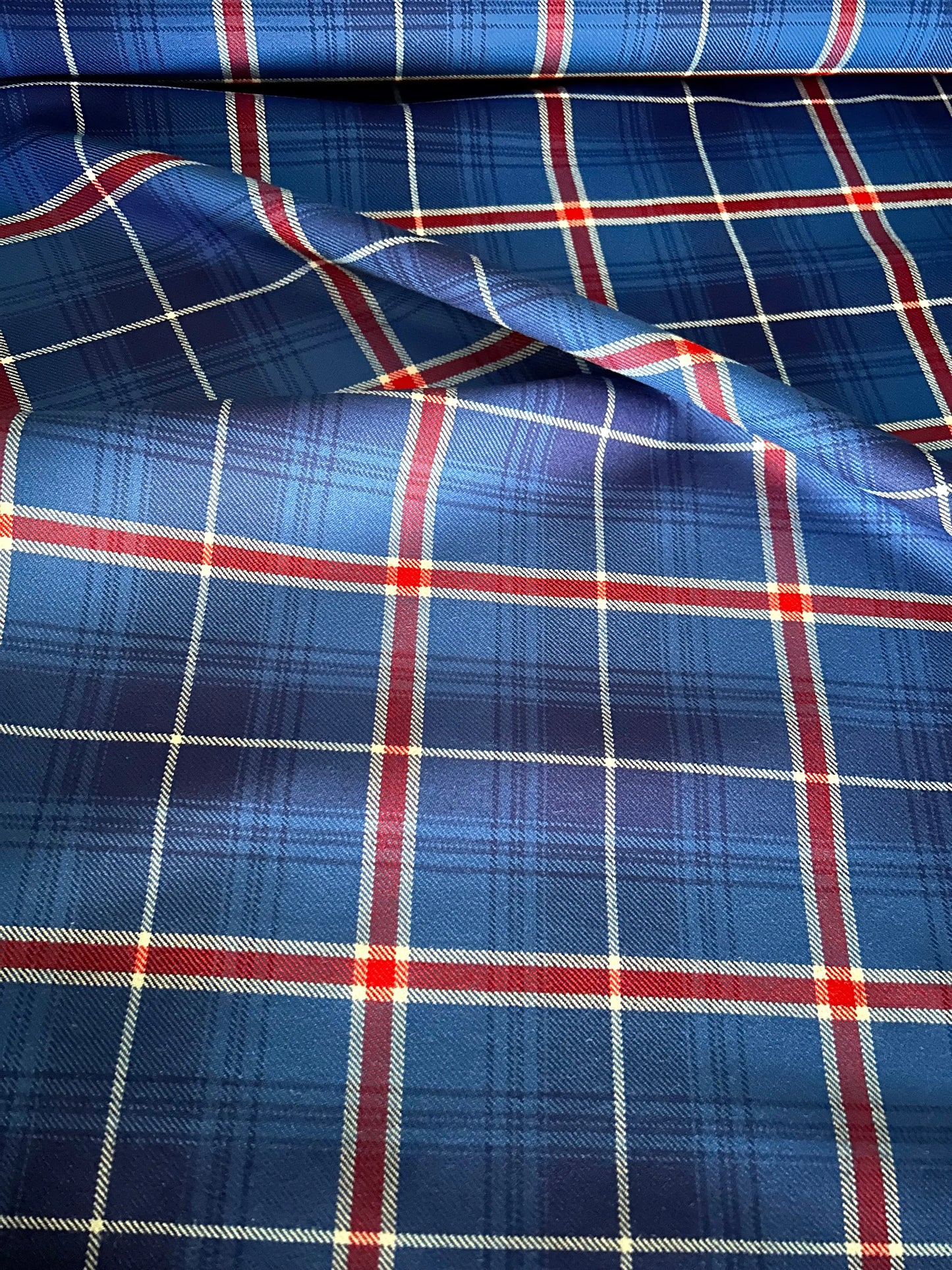 Icelandic Tartan fabric in blue, red and white