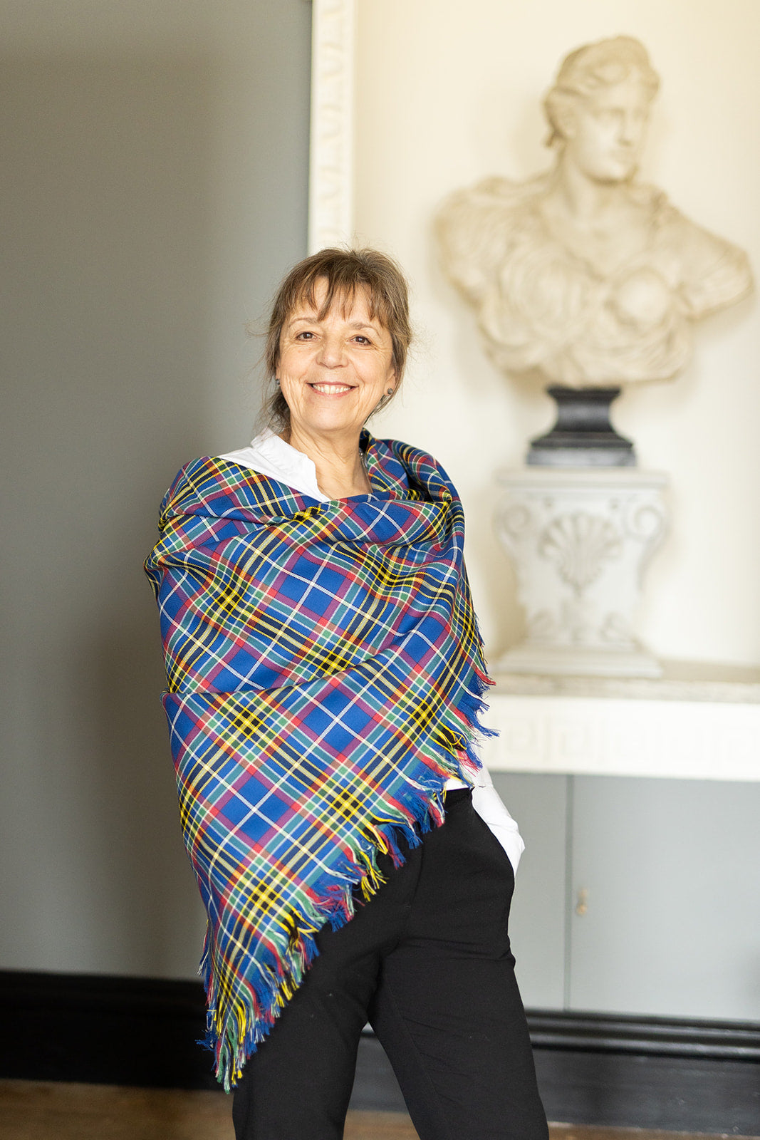 Hazel in South Africa tartan shawl