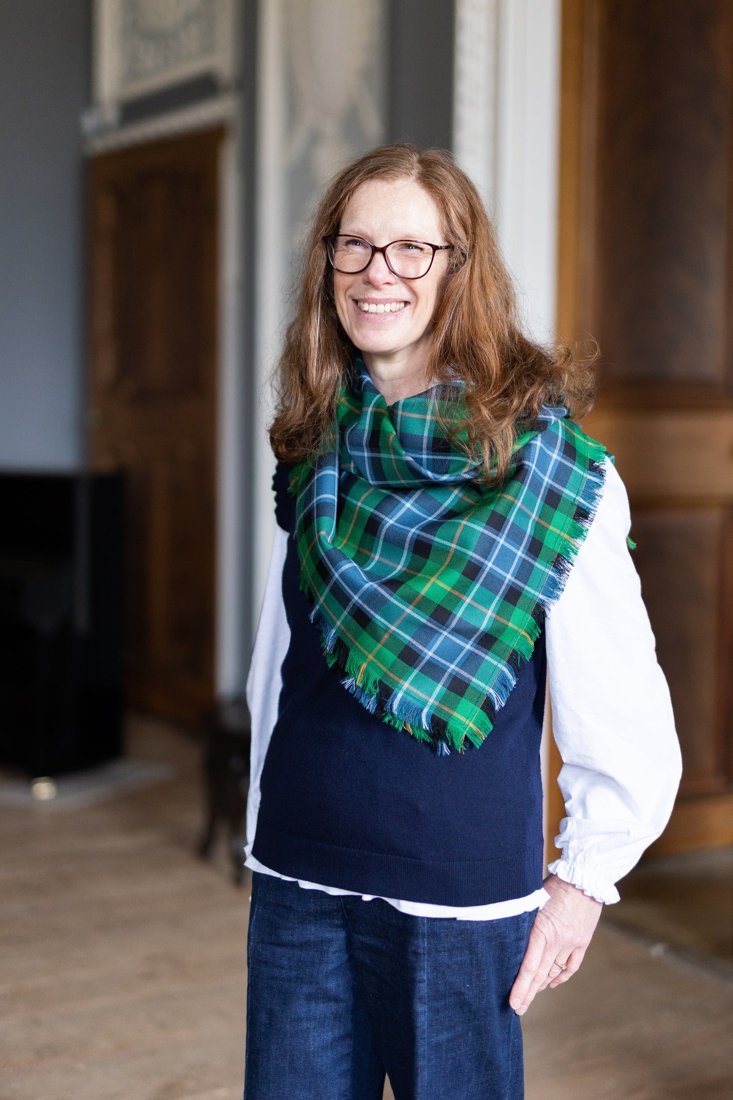 Woman wearing Midlothian tartan shawl