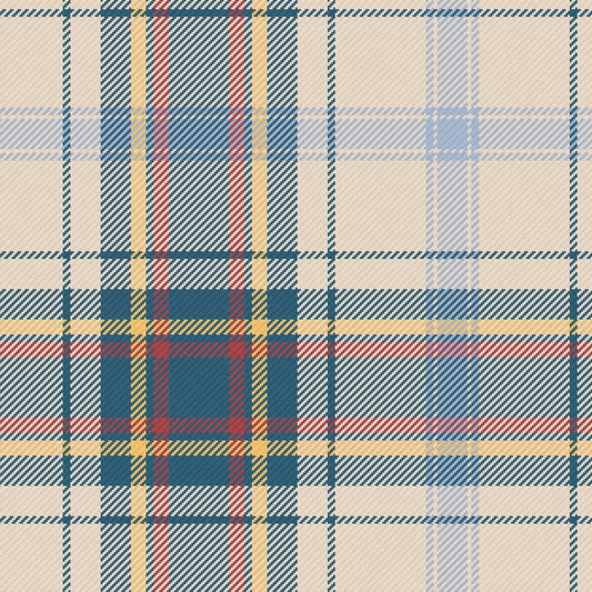 A tartan fabric pattern swatch with a cream base and intersecting blue, teal, red, and yellow stripes, shown with a small colour legend at the bottom.