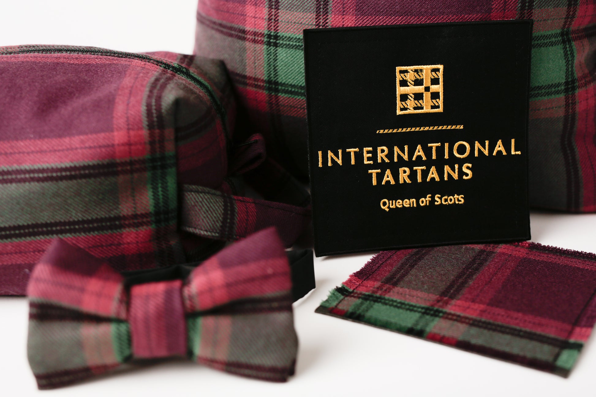 Box bag, coaster, cushion and bow-tie, handmade with Queen of Scots Tartan