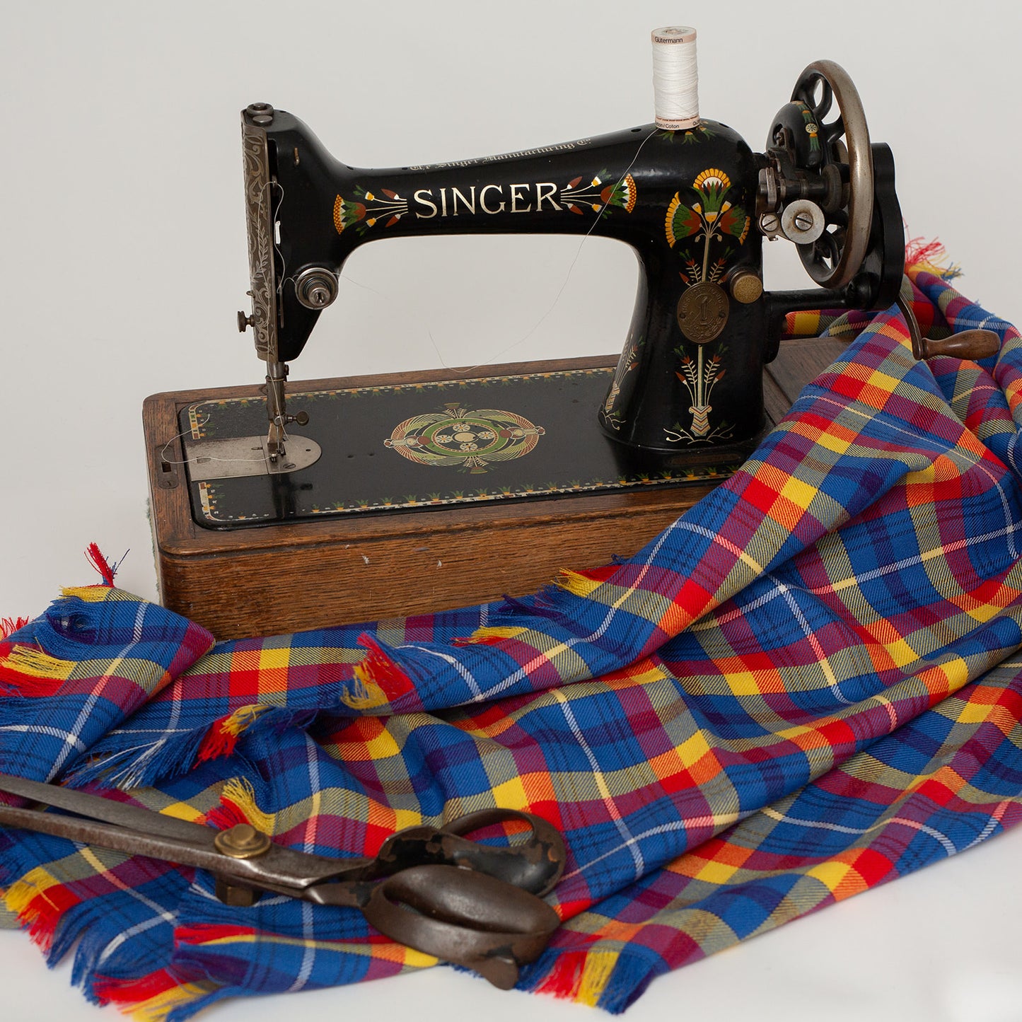 Romania tartan shawl with vintage sewing machine