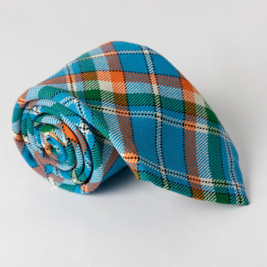 Rolled up tartan tie with Indian tartan - blue, green, orange and white