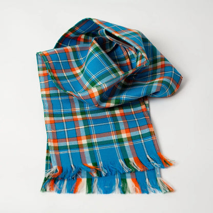 100% wool woven handmade tatran scarf in blue, orange, white, green